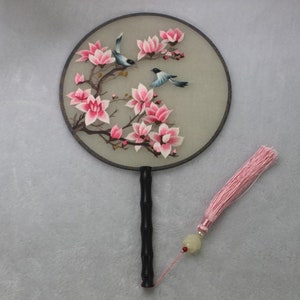 Pink Magnolia Patterm Oriental Chinese Suzhou Suxiu Double-sided Hand Embroidery Art Round Fan Finished Framed Christmas gift