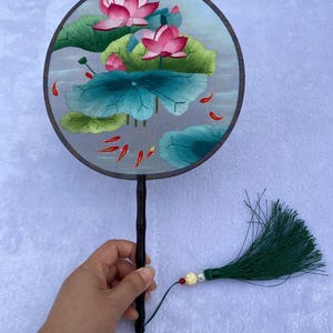Lotus Lucky koi fish Pattern Oriental Chinese Suzhou Double-sided Hand Embroidery Art Round Finished Framed Fan gift for girlfriend