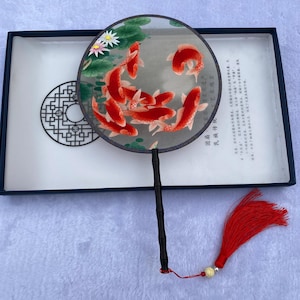 Lotus Lucky koi fish Pattern Oriental Chinese Suzhou Double-sided Hand Embroidery Art Round Finished Framed Fan gift for relatives friends