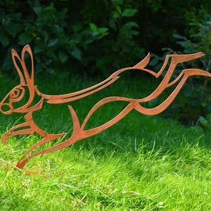 Leaping Hare Rusted Steel Sculpture, Hare Garden Feature, Outdoor Sculpture, Garden Centrepiece, Metal Art