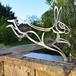 Leaping Hare Stainless Steel Sculpture, Hare Garden Art, Metal Art, Garden Feature