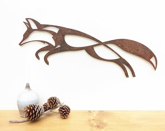 Leaping Fox Metal Wall Art, Rusted Steel, Wildlife Decor