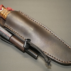 Leather sheath for Bushcraft Knives with firesteel holder, Dark Brown