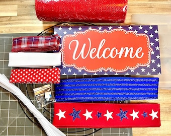 Welcome patriotic red white blue mesh wreath kit