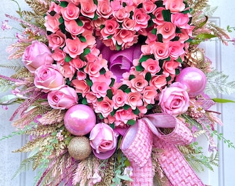Valentine’s Day pink heart rose love door wreath