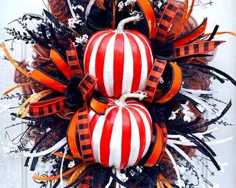 Pumpkin orange black and white fall large autumn door wreath swag