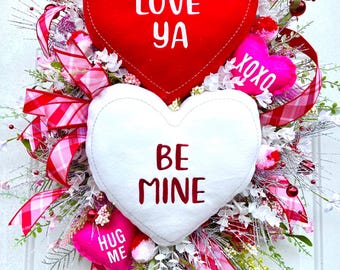 Valentine’s Day red pink conversation heart rose love door wreath