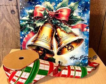 Christmas Bells Sign & Ribbon Bundle – Holiday Wreath-Making Set| Matching 10-Yard Holiday Ribbon Metal Sign | Classic Christmas