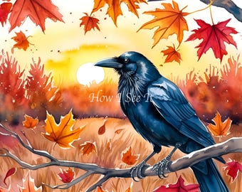 Corona decorativa de otoño con un cuervo en una rama