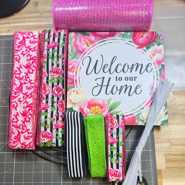 Welcome to our home pink black white floral wreath kit