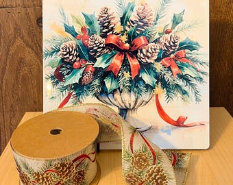 Holly and pine Sign & Ribbon Bundle – Holiday Wreath-Making Set| Matching 10-Yard Holiday Ribbon Metal Sign | Classic Christmas