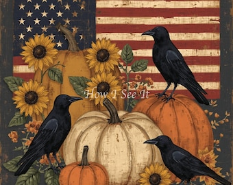 Primitive Autumn Americana Pumpkin Crow Welcome decor wreath sign