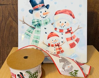 Snowman Family Sign & Ribbon Bundle | Matching 10-Yard Snowman Ribbon Metal Sign | Christmas Wreath Supply Set | Holiday Crafting Bundle