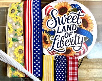 Patriotic sweet land of Liberty sunflower red white blue summer floral mesh wreath kit