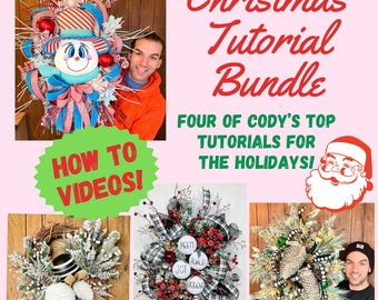 May include: A Christmas tutorial bundle featuring four of Cody's top tutorials for the holidays. The image shows four different wreaths, including a snowman wreath, a wreath with red berries and black and white plaid ribbon, a wreath with pine cones and greenery, and a wreath with white ornaments and snow-covered branches. The text "HOW TO VIDEOS!" is on a green starburst.