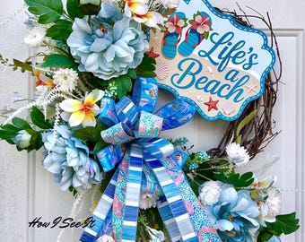 Life’s a beach tropical summer flower bright large Decor wreath