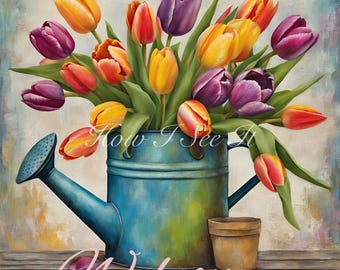 Tulip watering can wreath sign