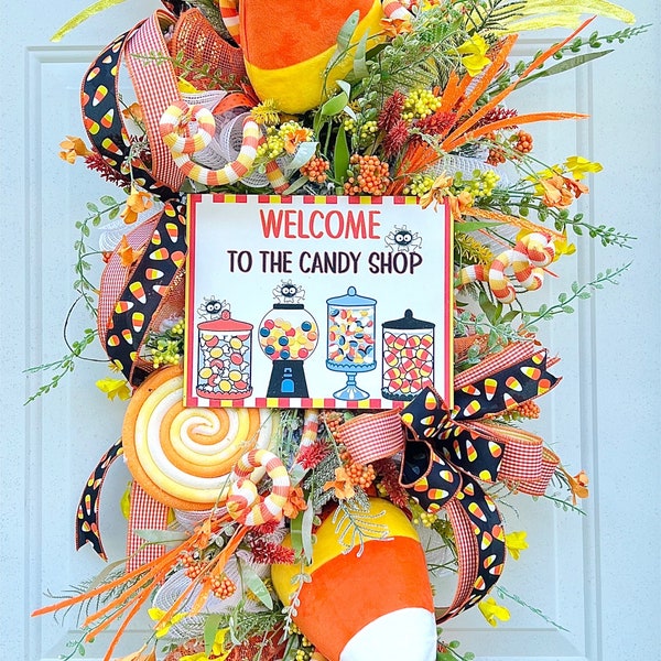 Candy corn trick or treat door wreath swag