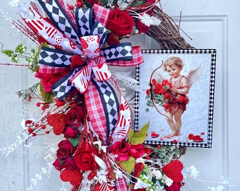 Valentine’s Day red cupid harlequin heart rose love door wreath