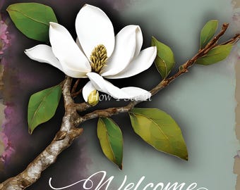 Welcome magnolia branch bloom decor wreath sign