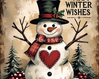 Primitive warm winter wishes heart snowman Christmas home decor wreath sign