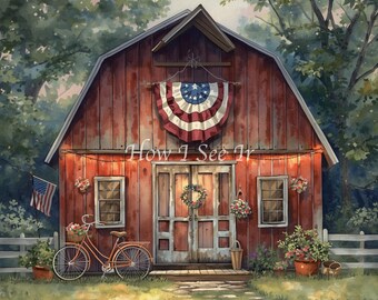 Patriotic primitive barn red white blue decor wreath sign