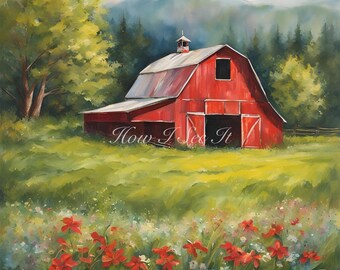Red barn with blue and red flowers wreath sign