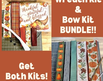 May include: A wreath and bow kit bundle featuring a sign with the text thankful grateful and blessed, a roll of mesh, and various ribbons with pumpkin, leaf, and striped patterns. The kit includes white pipe cleaners and wire frames.