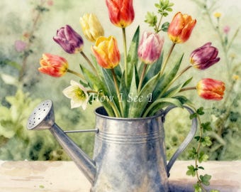 Watering can tulip spring home decor wreath sign