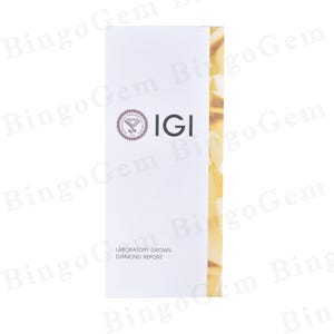Puede incluir: Una tarjeta de informe de diamante cultivado en laboratorio IGI blanca con un borde dorado. El logotipo de IGI es una forma de diamante con las letras IGI en su interior. El texto "Laboratory Grown Diamond Report" est&aacute; impreso debajo del logotipo.