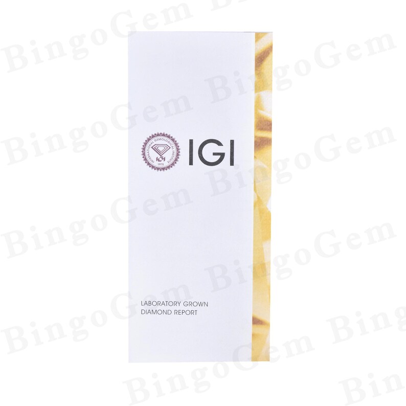 Puede incluir: Una tarjeta de informe de diamante cultivado en laboratorio IGI blanca con un borde dorado. El logotipo de IGI es una forma de diamante con las letras IGI en su interior. El texto "Laboratory Grown Diamond Report" est&aacute; impreso debajo del logotipo.