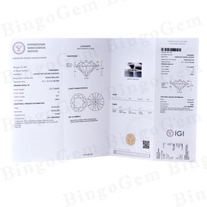 Puede incluir: Un informe de clasificaci&oacute;n de diamantes cultivados en laboratorio del Instituto Gemol&oacute;gico Internacional (IGI) para un diamante redondo brillante de 0,50 quilates. El informe detalla la claridad, el color, el corte y otras caracter&iacute;sticas del diamante.