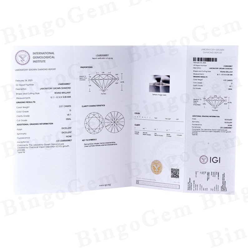 Puede incluir: Un informe de clasificaci&oacute;n de diamantes cultivados en laboratorio del Instituto Gemol&oacute;gico Internacional (IGI) para un diamante redondo brillante de 0,50 quilates. El informe detalla la claridad, el color, el corte y otras caracter&iacute;sticas del diamante.