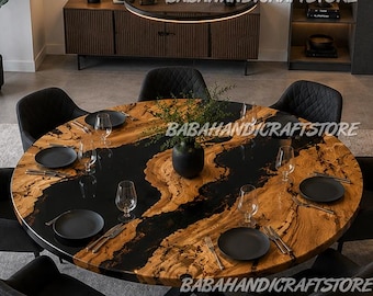 Luxury Round Walnut Epoxy Resin Coffee Table, Black River Live Edge Table, Modern Handmade Kitchen & Dining Room Furniture, Custom Table |