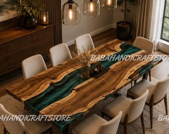Live Edge Walnut Coffee Table, Green Epoxy Resin River Table, Custom Wood Dining Room Furniture, Luxury Kitchen Conference Tabletop |
