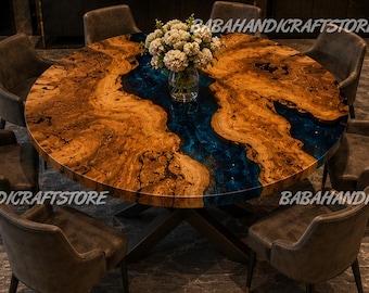 Luxury Round Epoxy Resin Dining Table, Live Edge Walnut Burl River Table, Custom Round Conference Table, Blue Resin Inlay Kitchen Table |