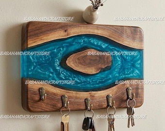 Luxury Epoxy River Key Holder | Handmade Wooden Wall Key Rack | Entryway Organizer with Hooks | Rustic Modern Home Decor Key Holder |