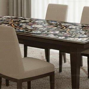 Handmade Floral Inlay Marble Dining Table | Black Stone Pietra Dura Tabletop | Luxury Home Decor Furniture Artistic Stone Inlay Table Top | image 4