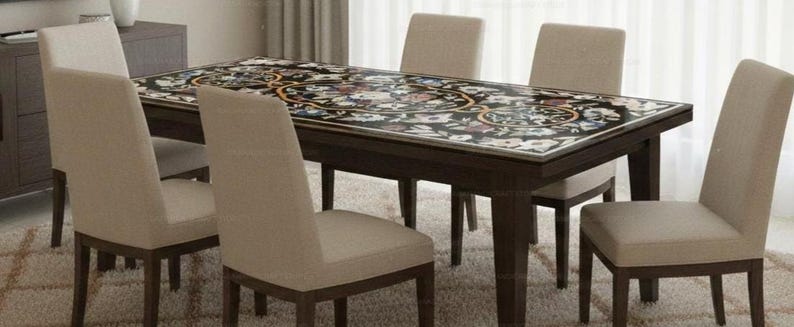 Handmade Floral Inlay Marble Dining Table | Black Stone Pietra Dura Tabletop | Luxury Home Decor Furniture Artistic Stone Inlay Table Top | image 4