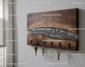 Handmade Walnut & Gray Epoxy Resin Key Holder for Wall – Modern Rustic Key Rack, Entryway Organizer, Luxury Home Decor Resin Key Holder |