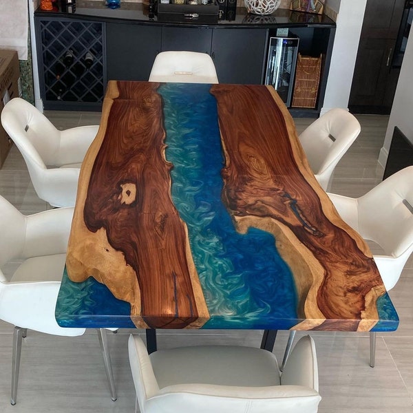 Live Edge Epoxy Dining Table – Handmade Resin River Table – Rustic Modern Wood Furniture – Custom Table for Dining Room
