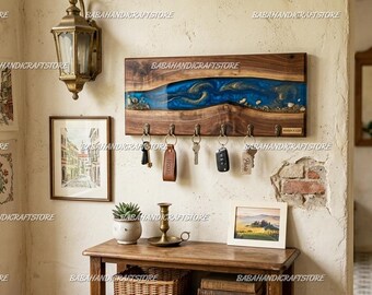 Luxury Handmade Wooden Resin Key Holder Wall Mount | Ocean Epoxy Art Key Rack | Entryway Organizer with Hooks | Rustic Home Decor Key Holder