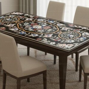 Handmade Floral Inlay Marble Dining Table | Black Stone Pietra Dura Tabletop | Luxury Home Decor Furniture Artistic Stone Inlay Table Top | image 6