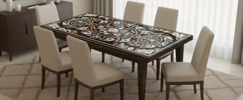Handmade Floral Inlay Marble Dining Table | Black Stone Pietra Dura Tabletop | Luxury Home Decor Furniture Artistic Stone Inlay Table Top | image 6