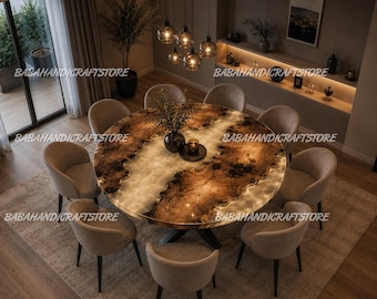 Luxury Round Live Edge Wood Epoxy Dining Table, Backlit Resin River Table, Burl Wood Conference Table, Custom Round Kitchen Tabletop |