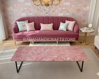 Pink Rose Quartz Gemstone Coffee Table | Handmade Luxury Accent Table | Modern Glam Living Room Furniture Handmade Pink Resin & Stone Table