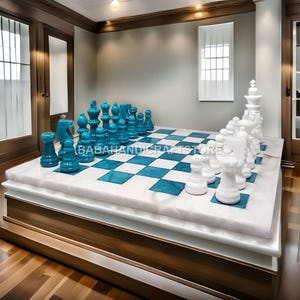 Marble Chess Set | Handmade Blue & White Stone  Chessboard | Elegant Game Table Decor | Chess Handcrafted Marble Chess Set | Unique  Decor |