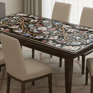 Handmade Floral Inlay Marble Dining Table | Black Stone Pietra Dura Tabletop | Luxury Home Decor Furniture Artistic Stone Inlay Table Top | image 7