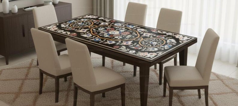Handmade Floral Inlay Marble Dining Table | Black Stone Pietra Dura Tabletop | Luxury Home Decor Furniture Artistic Stone Inlay Table Top | image 7