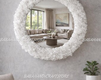 Unique Round Quartz Crystal Frame Wall Mirror - Statement Piece for Home Decor White Healing Stone Wall Decor, Statement Living Room Mirror